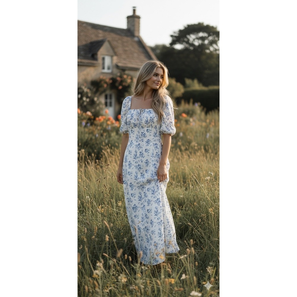 Shein Blue White‎ Floral Puff Sleeve Maxi Dress Cottagecore Milkmaid XL US 12